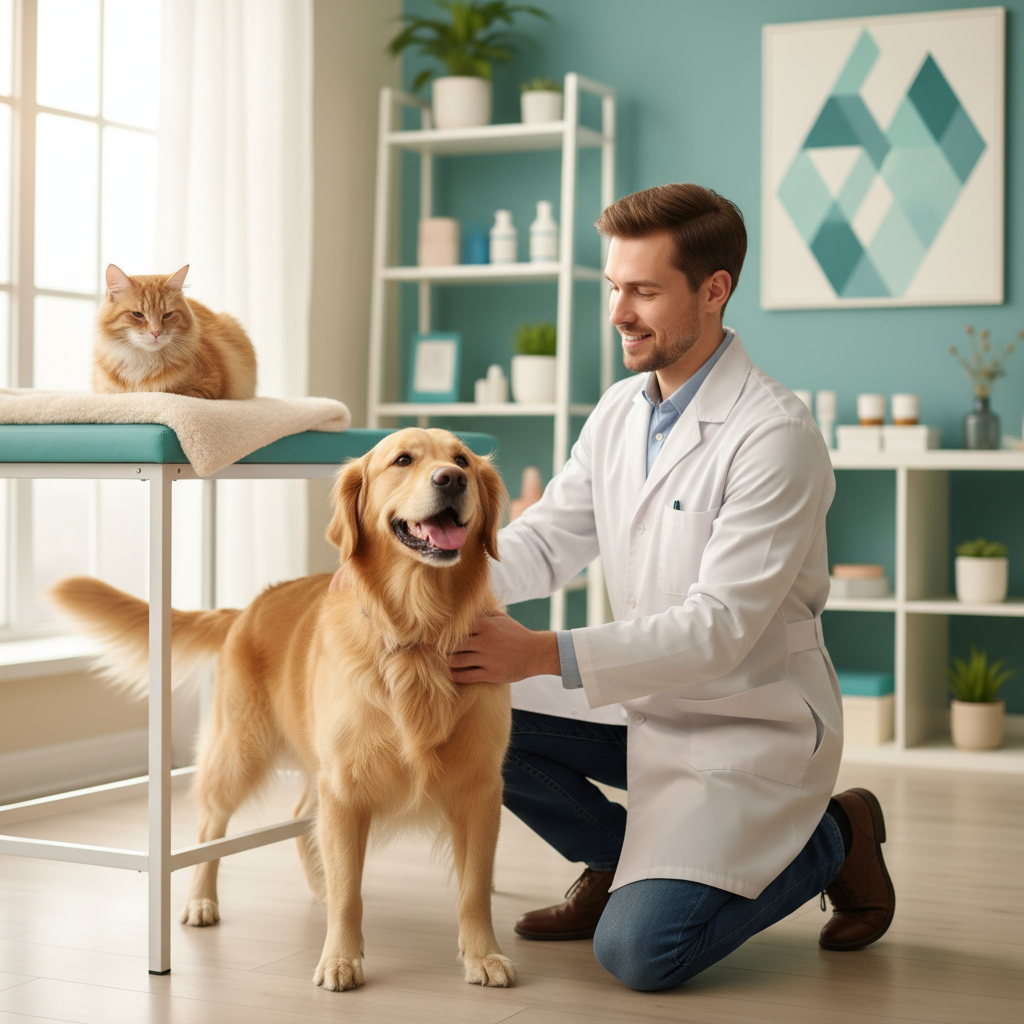 Vétérinaire prenant soin d'un chien et d'un chat à la clinique Les Rives de Dordogne